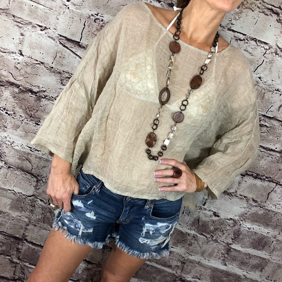 New Cool Breezy Gauzy Beige Linen Top Cover Up - Picture 3 of 8
